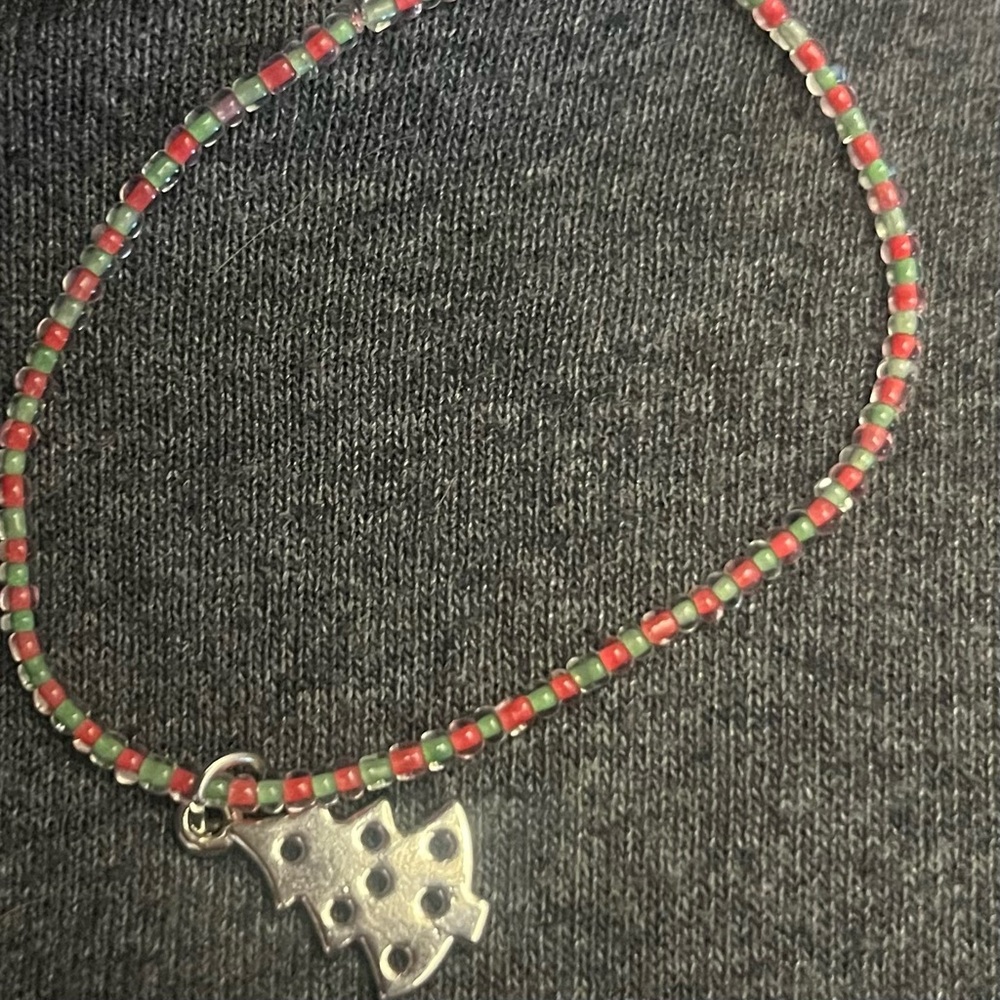 Festive Red and Green Beaded Bracelet with Christmas Tree Silver Charm